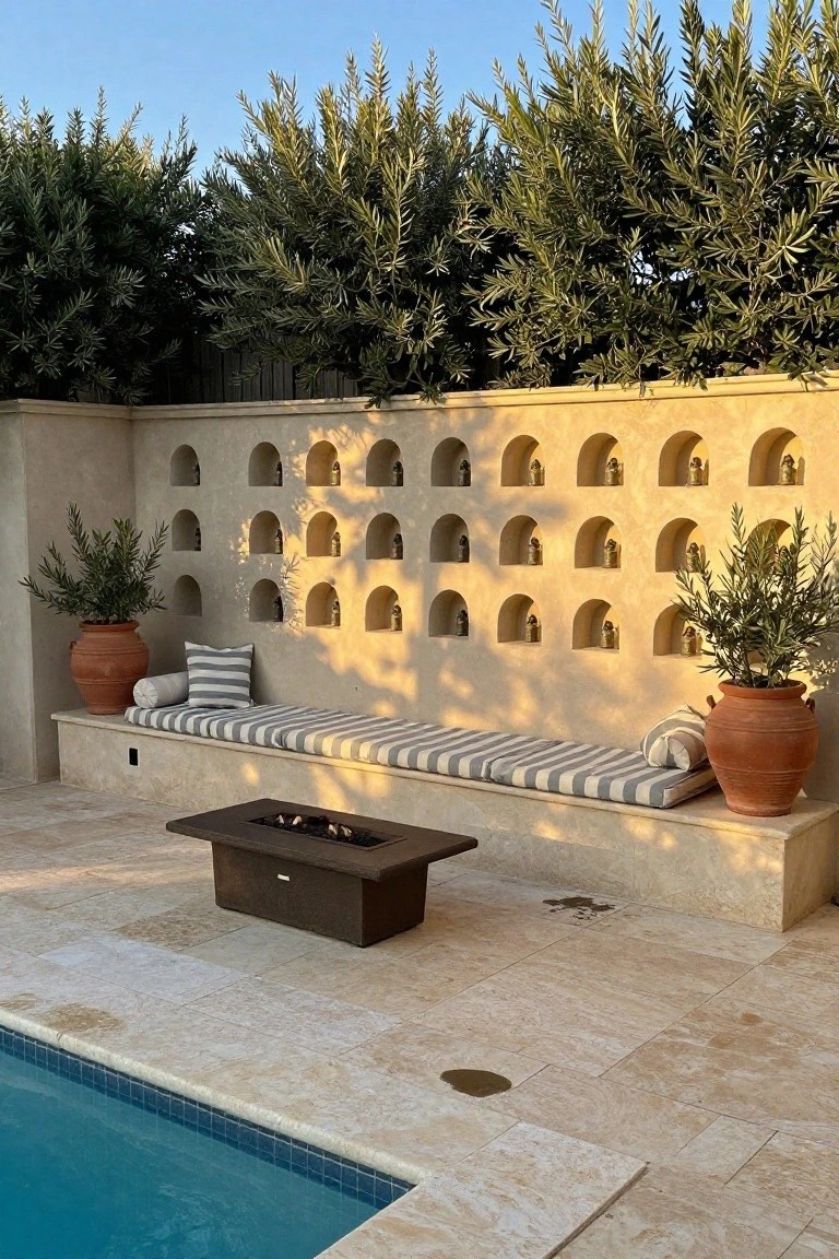 A long built-in bench with striped cushions runs along a stucco wall featuring multiple arched niches with small statues, a dark fire pit sits in front on stone paving next to a pool.