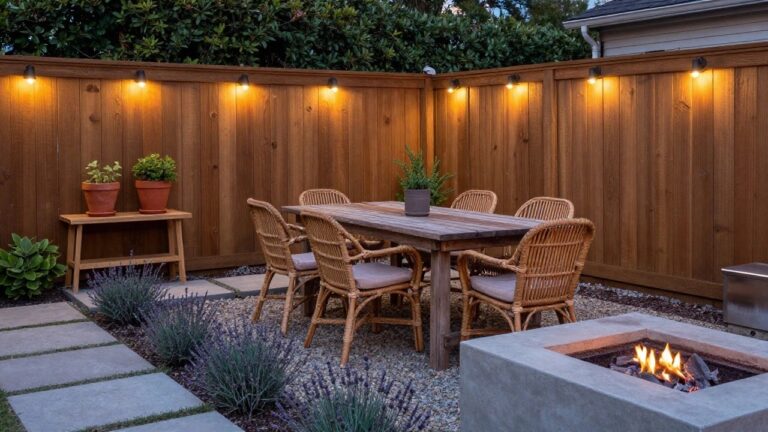 23 Brilliant Wood Fence Lighting Ideas to Extend Outdoor Enjoyment After Dark Wooden fence with mounted lights illuminating an outdoor dining table, wicker chairs, and concrete fire pit on a gravel patio.