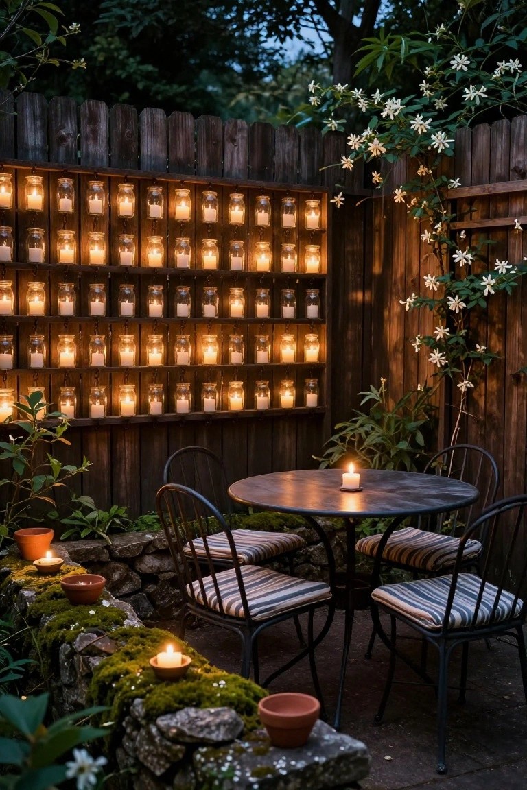A wooden fence covered with multiple rows of lit candles in glass jars above a round patio table and four chairs, with extra candles placed on a mossy stone wall.