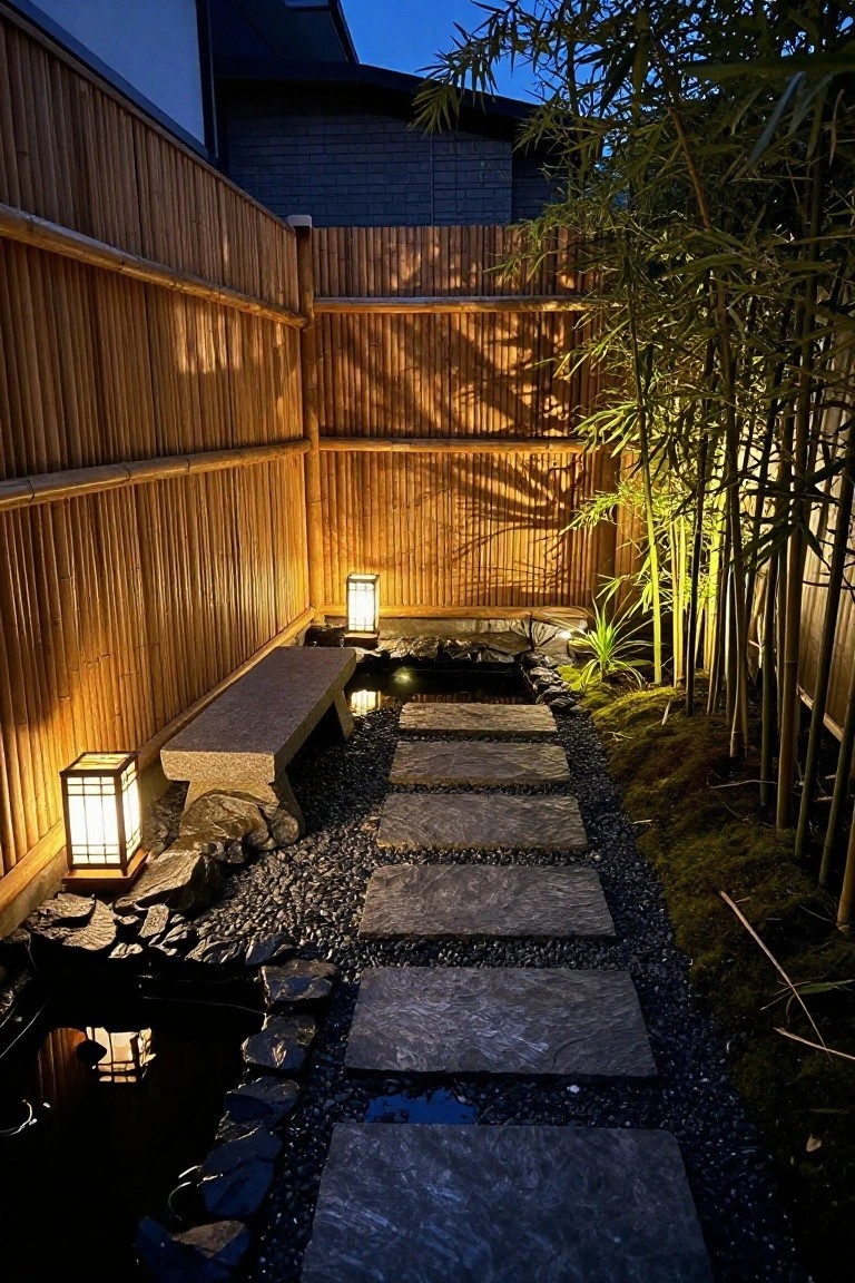 A narrow garden path of large stone stepping stones runs beside a tall bamboo fence, with several glowing lanterns placed along the fence and near a small water feature.