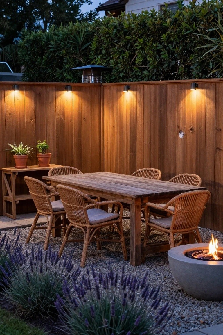 Wooden fence with mounted lights illuminating an outdoor dining table, wicker chairs, and concrete fire pit on a gravel patio.