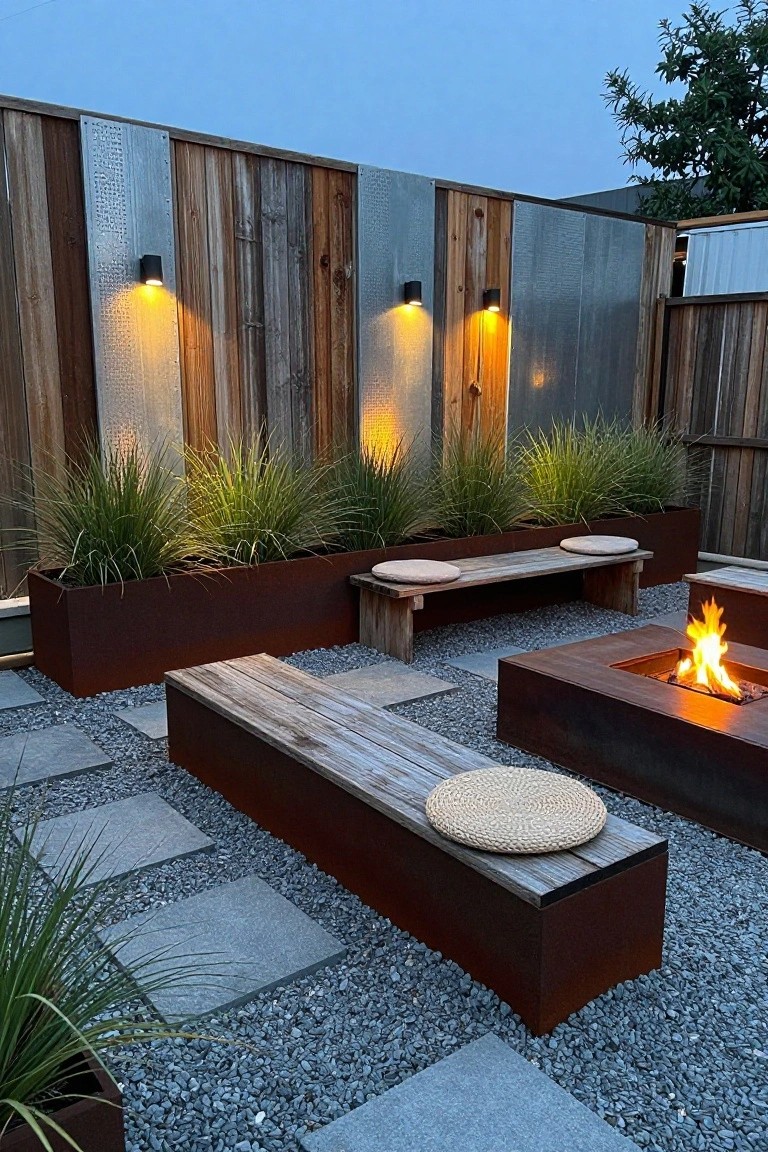 An outdoor patio with wooden benches, a fire pit, gravel ground, and several wall lights mounted on a wood and metal fence at dusk.