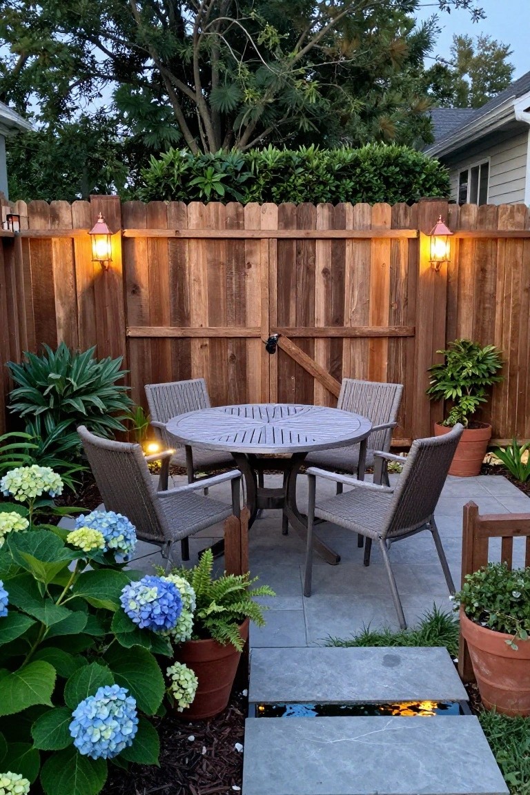 Round patio table with chairs on stone patio amid potted hydrangeas and lit wooden fence