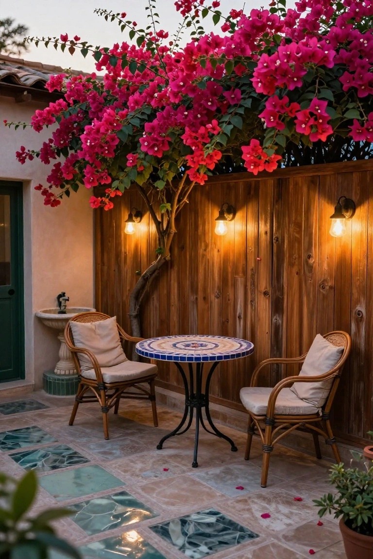 A small patio enclosed by a tall wooden fence with three lit wall sconces, two rattan chairs with cushions around a round mosaic table, and a bougainvillea tree overhead.