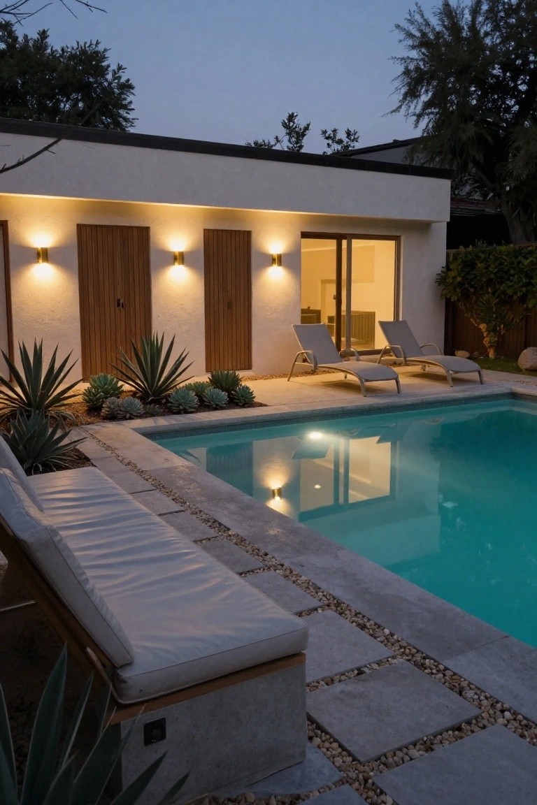 Modern backyard pool with lounge chairs, succulents, and illuminated white house at dusk.