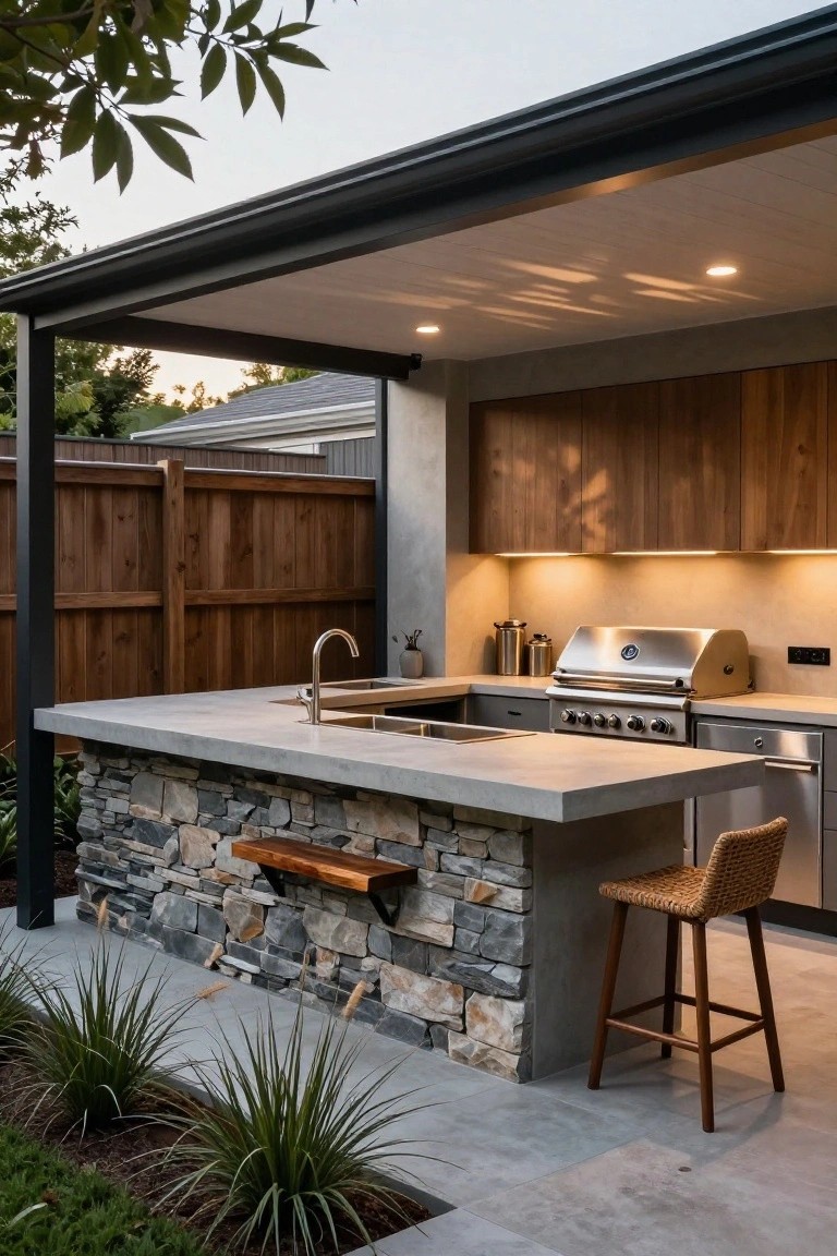 Modern outdoor kitchen with stone-faced concrete island, built-in grill, and bar stool
