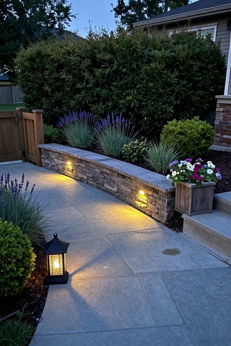 Lit stone retaining wall along dusk patio with lantern, flowers and plants