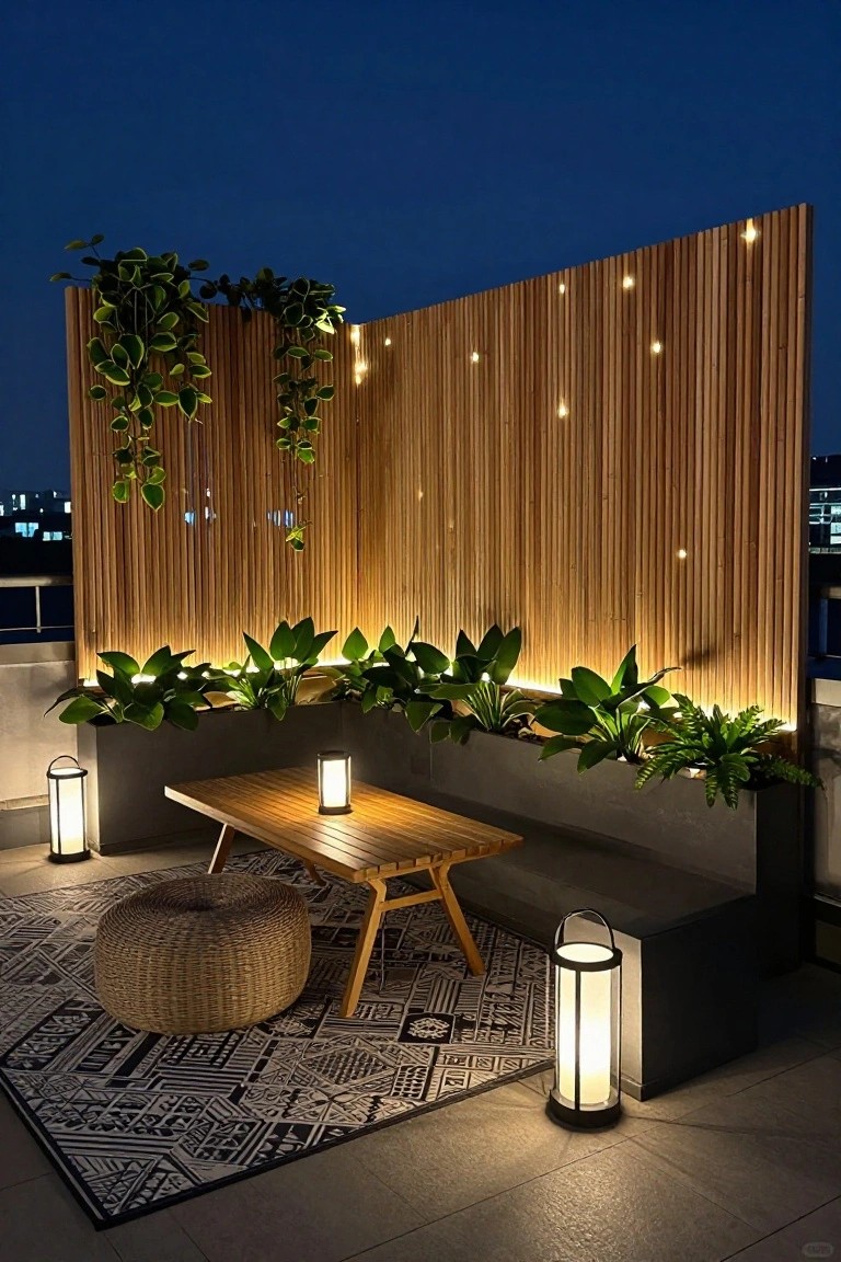 Modern nighttime patio with wooden table, woven pouf, lanterns, plants, and string lights