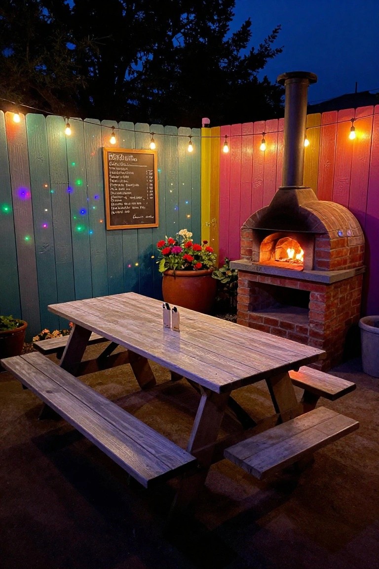 A wooden picnic table sits in front of a multicolored wood fence strung with warm string lights, next to a lit brick pizza oven at dusk.