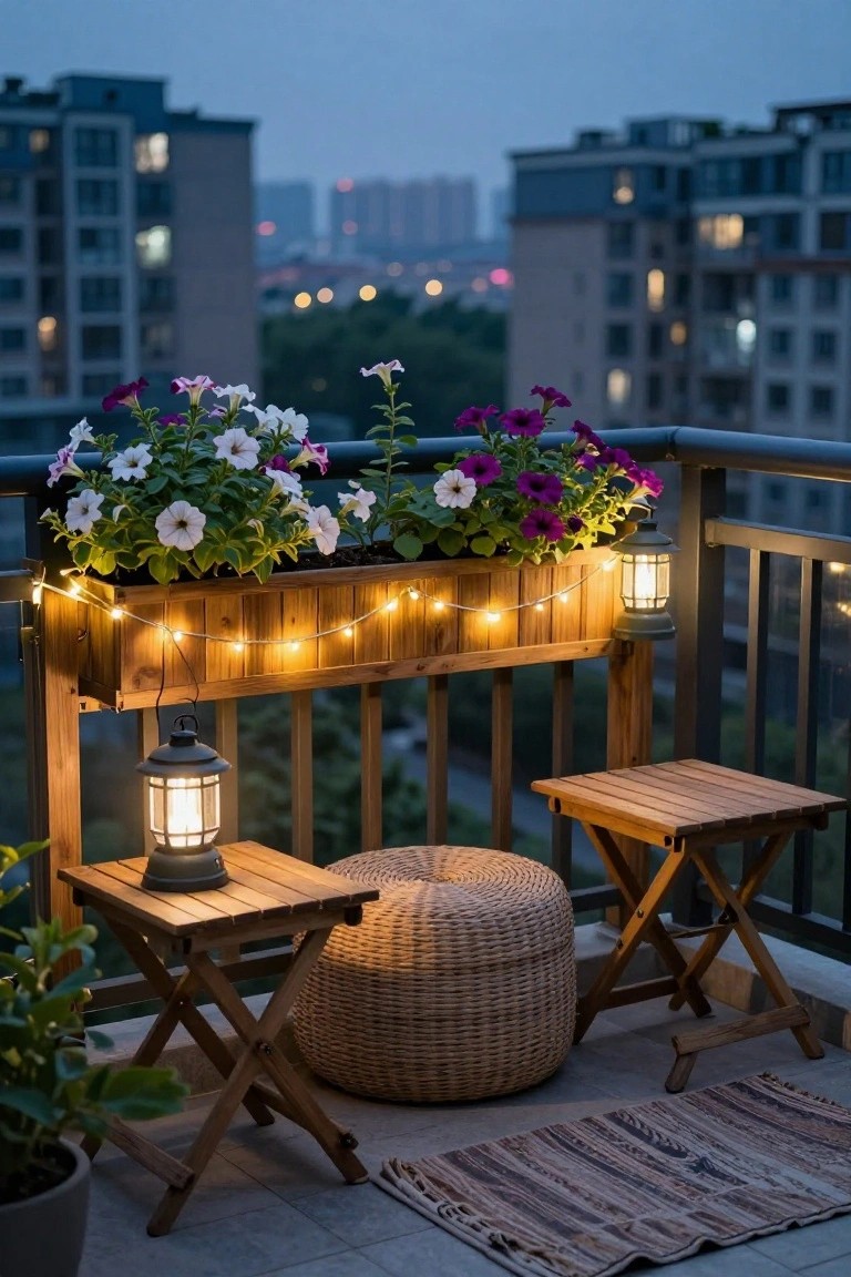 Balcony scene at dusk showing a wooden planter box with flowers and string lights, two lanterns, folding wooden tables, a woven pouf, and a striped rug.