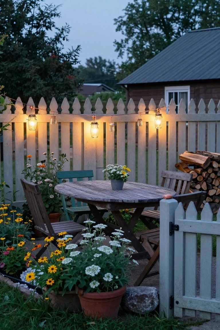 Wooden table and chairs amid flowers, glowing jar lights on white picket fence at dusk