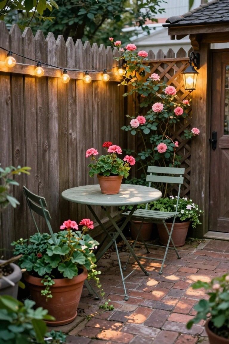 A wooden fence lined with string lights overlooks a small brick patio with a round table, two green metal chairs, and several pots of pink flowers.