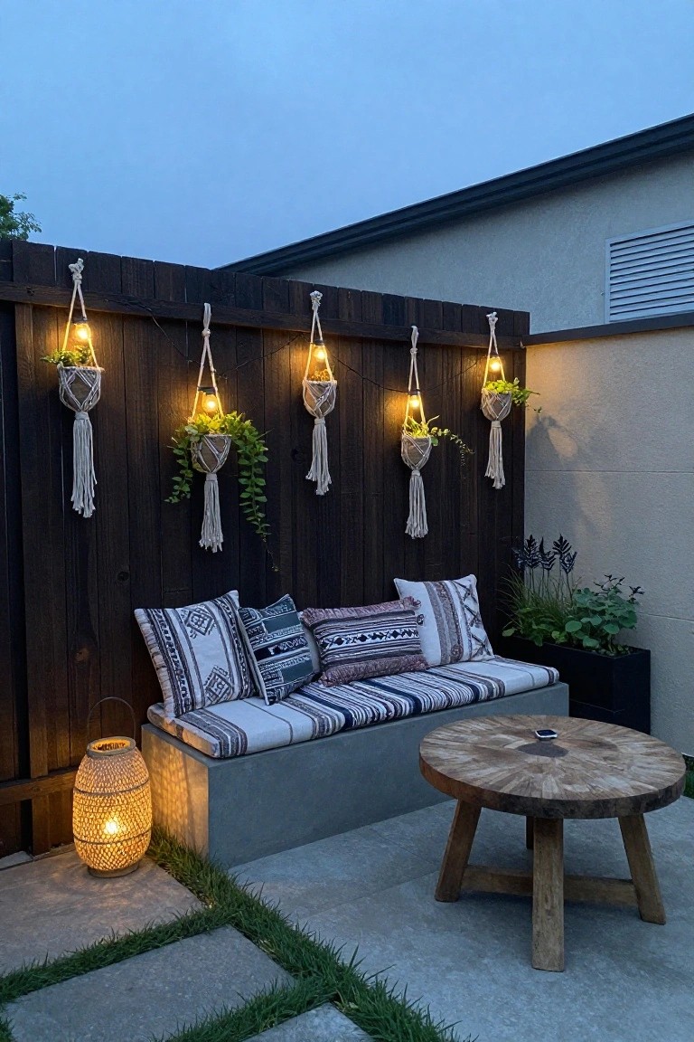 Cozy evening patio with illuminated macrame hangers, cushioned bench, and round wooden table.