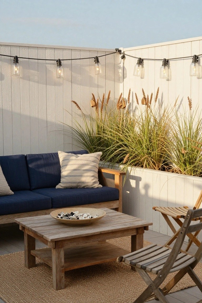 An outdoor patio with a blue sofa, wooden coffee table, string lights along a white fence, and tall grasses in a planter.