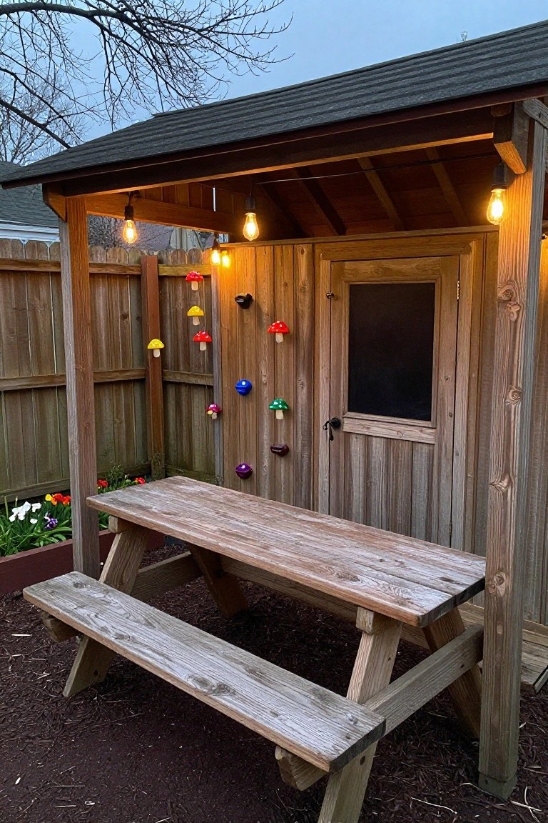 A wooden shed and fence with a picnic table in front, string lights hanging from the roof overhang, and small mushroom decorations mounted on the wall.