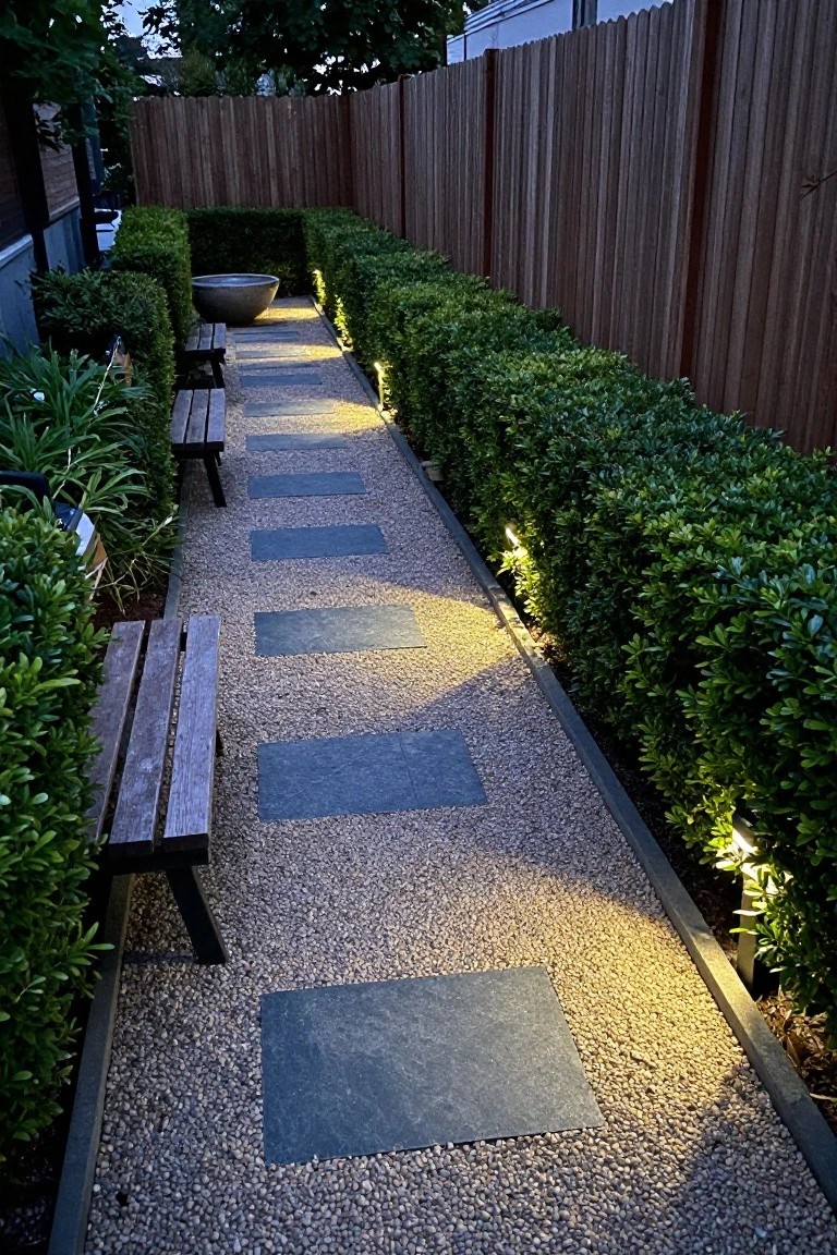 A narrow garden path of gravel and dark stepping stones runs between tall hedges and a wooden fence, with small lights glowing along the right edge of the path.