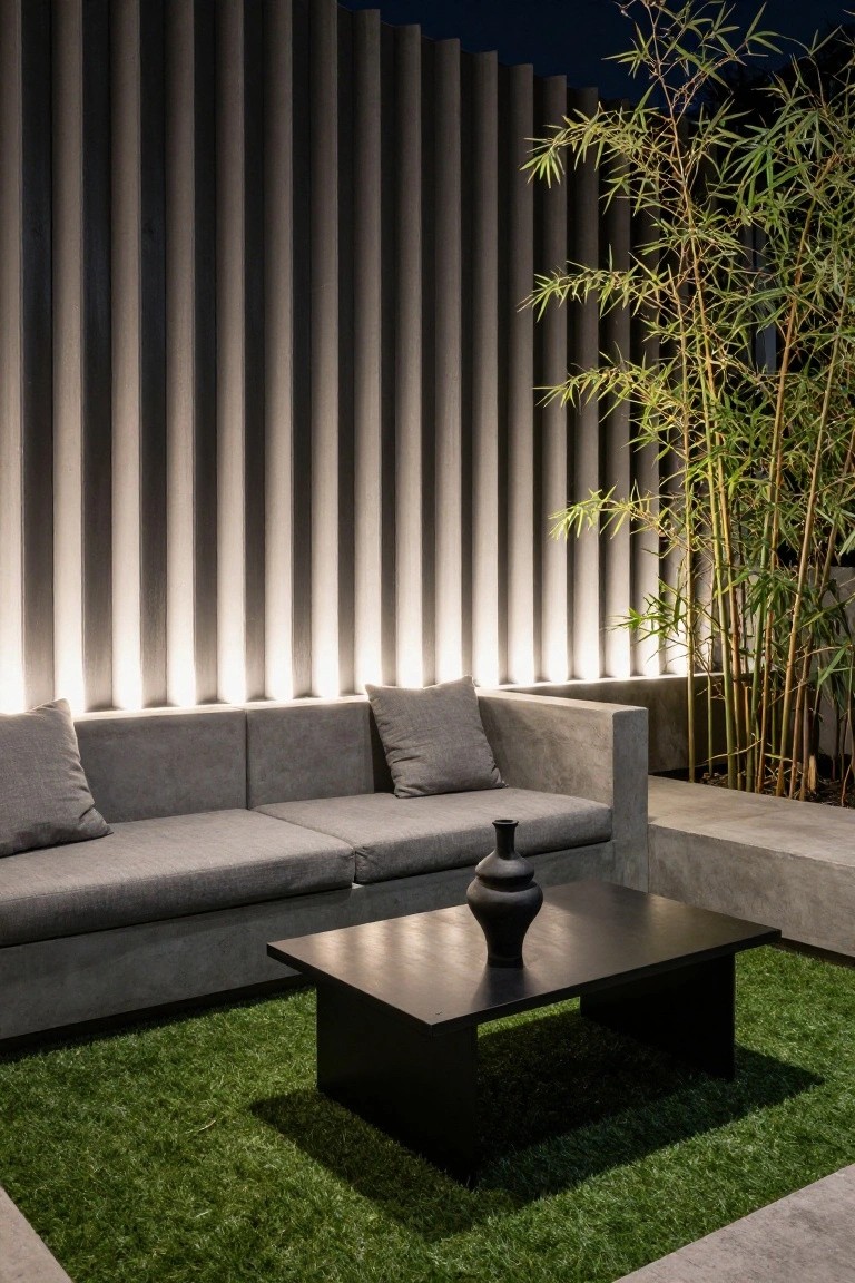 Outdoor concrete sofa with gray cushions on artificial grass faces a vertically slatted wall lit from below, with a black coffee table and bamboo plant nearby.