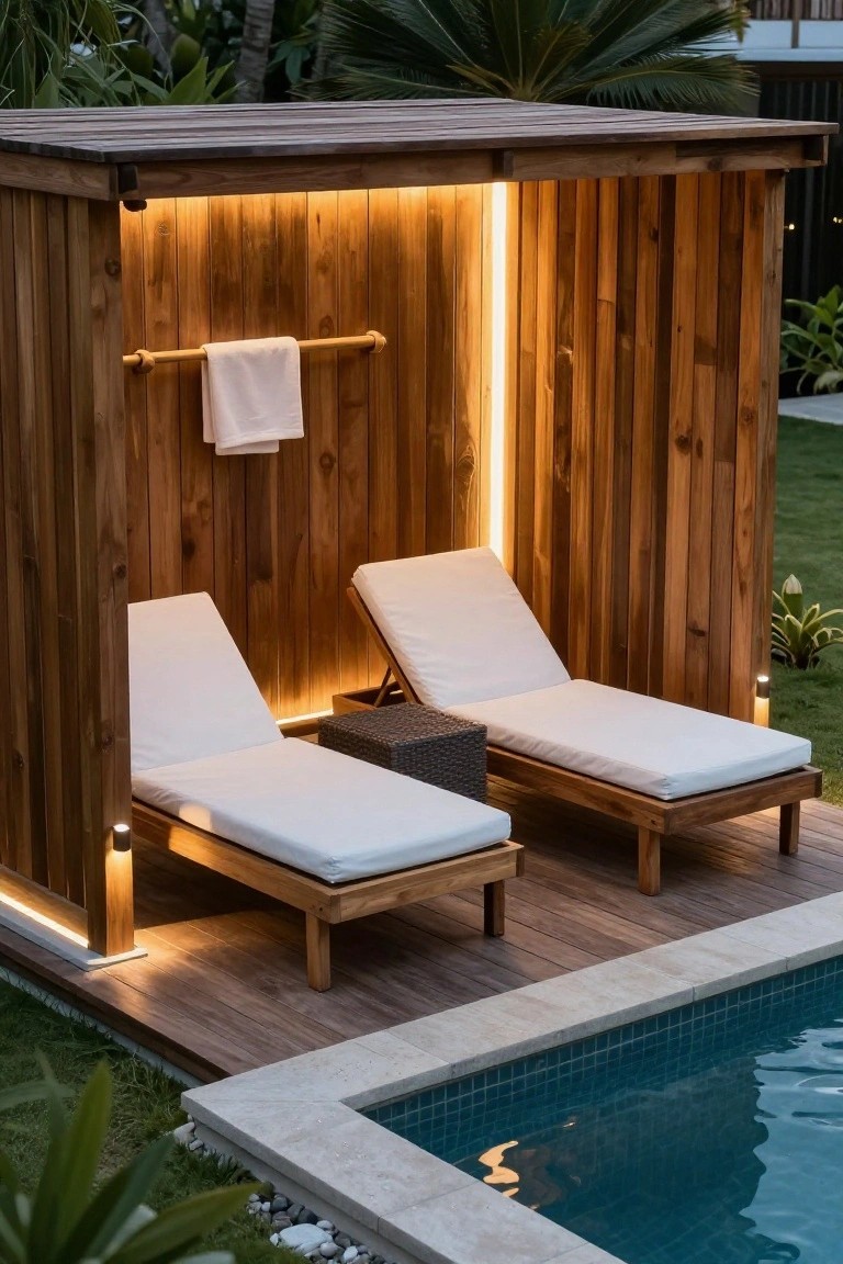 Two wooden lounge chairs with white cushions sit inside a slatted wood structure lit by vertical light strips beside a pool at night.