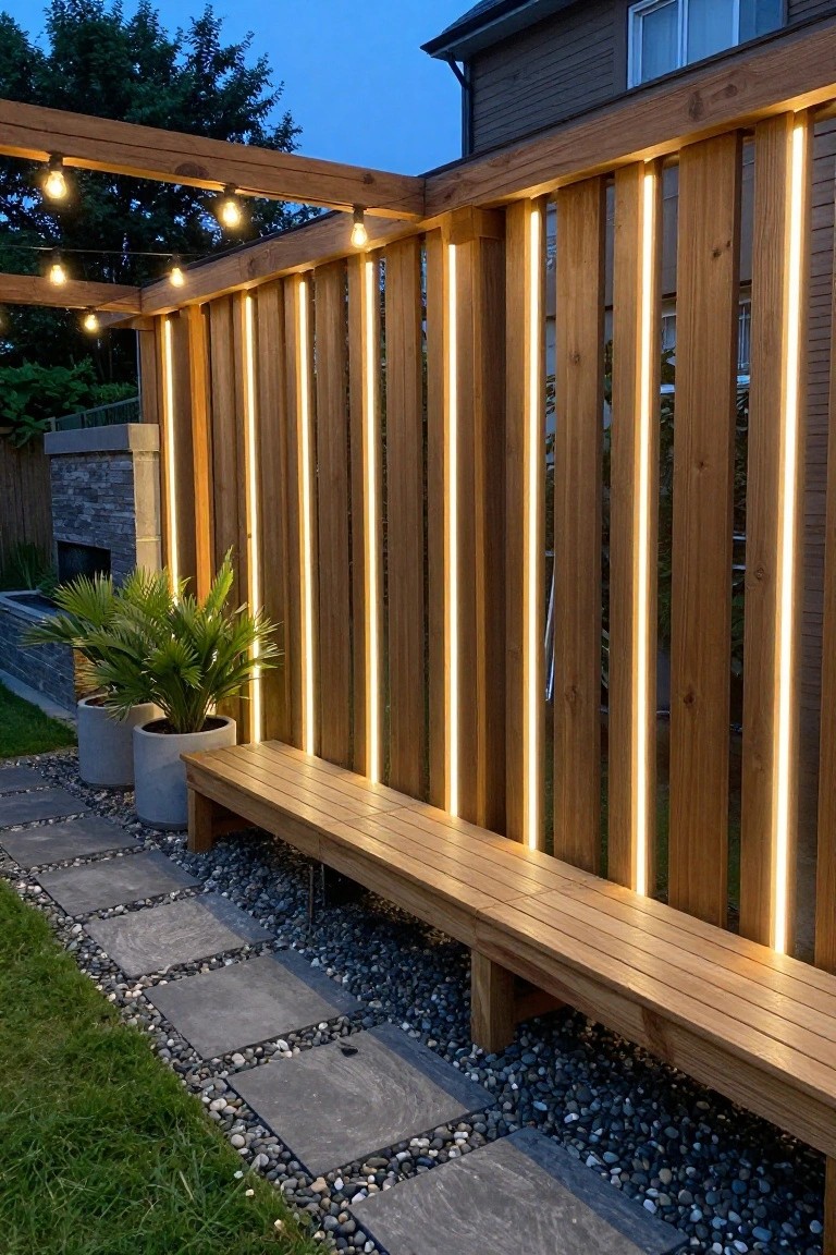 Wooden fence with vertical LED light strips between the slats, a built-in bench in front on gravel and pavers, and potted plants to the side.