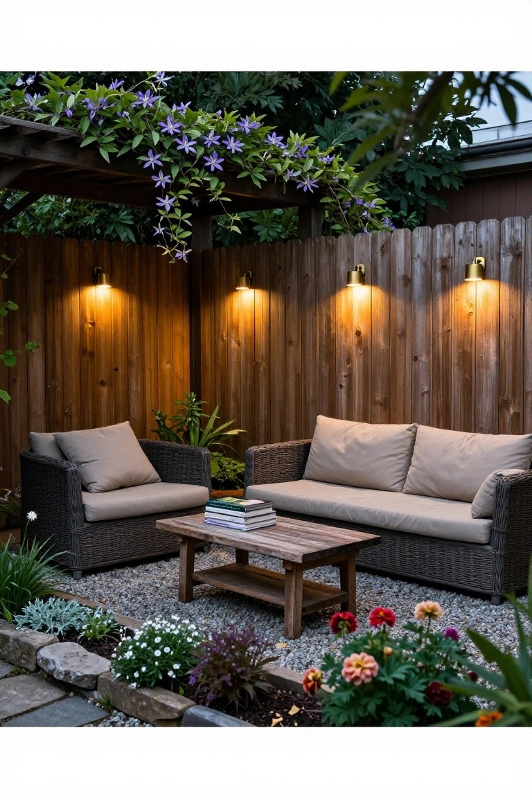 A wooden fence with four brass wall sconces lighting a patio seating area that includes wicker furniture and a coffee table on gravel.