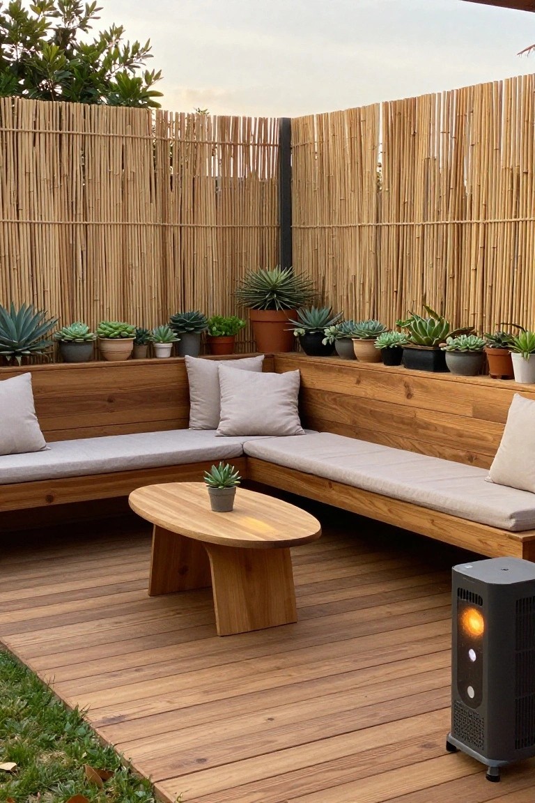 A compact wooden patio with L-shaped built-in benches, light cushions, a round table, and rows of potted plants along a bamboo fence.