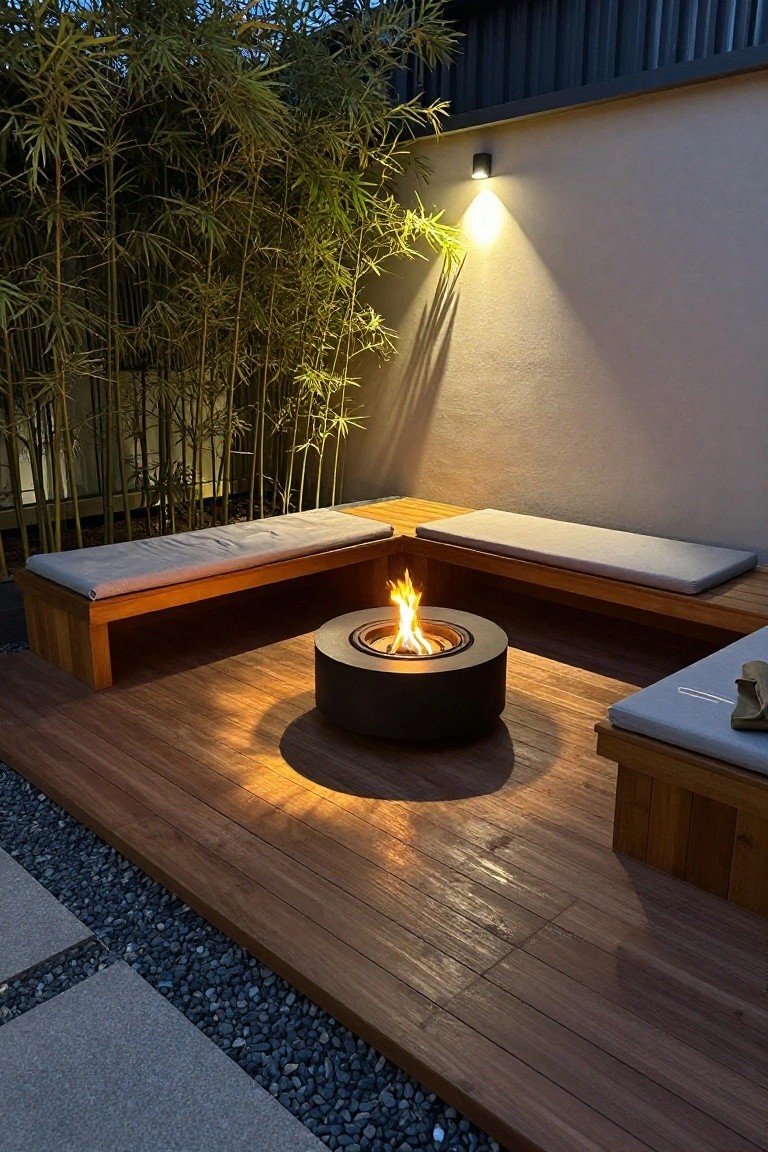 Wooden deck with L-shaped built-in benches, a round fire pit in the center, and tall bamboo along the back wall.
