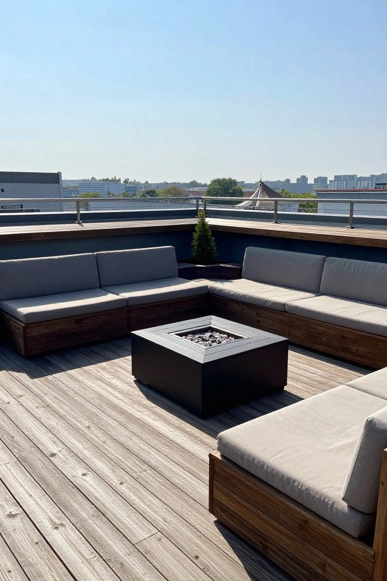 Rooftop wooden deck with L-shaped built-in seating with light cushions and a square fire pit in the center.
