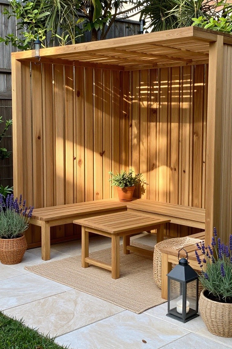 Wooden L-shaped bench seating with a central table under a slatted roof structure on a paved patio, surrounded by potted lavender and a black lantern.