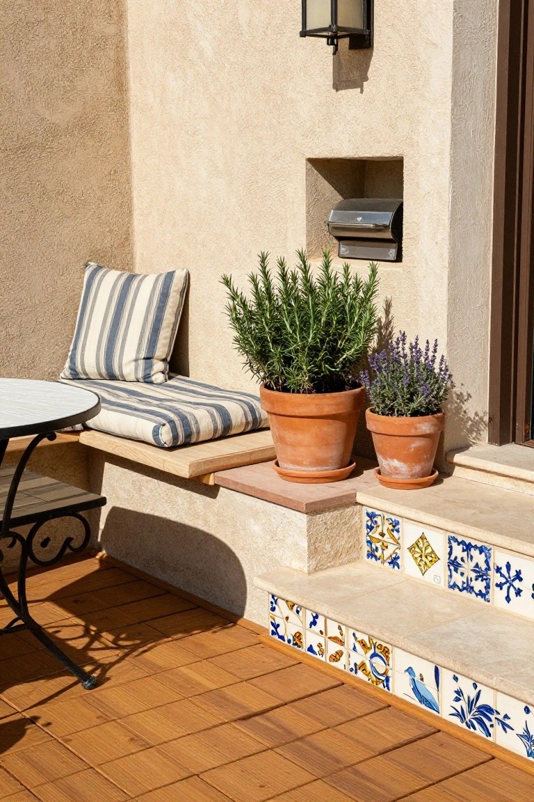 A compact wooden patio with a built-in bench holding striped cushions, terracotta pots on tiled steps, and a round table nearby.