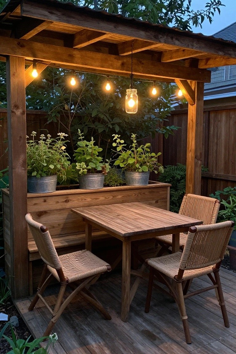 Wooden table and woven chairs under string-lit pergola with hanging jar lantern and plants