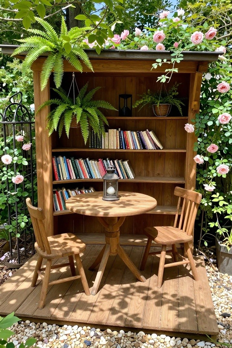 A small wooden patio structure with built-in bookshelves, a round table, two chairs, and hanging ferns surrounded by rose bushes.