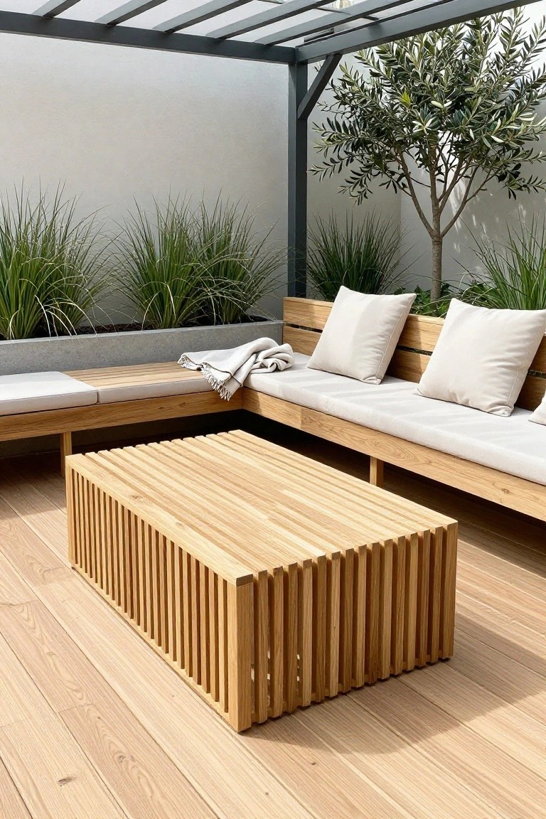 Modern wooden bench with white cushions beside slatted coffee table on sunny deck with plants