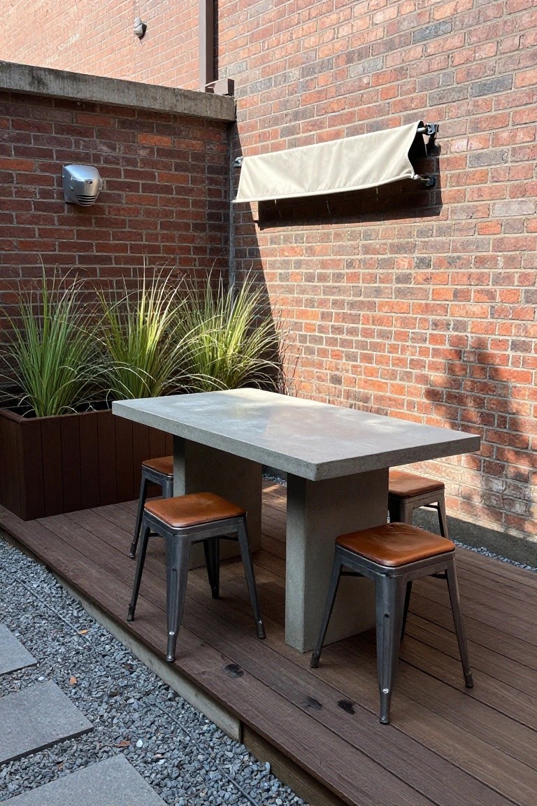 A rectangular concrete table with four metal stools on brown leather seats sits on a raised wooden deck against a red brick wall, with a retractable awning above and tall grasses in a planter to the left.