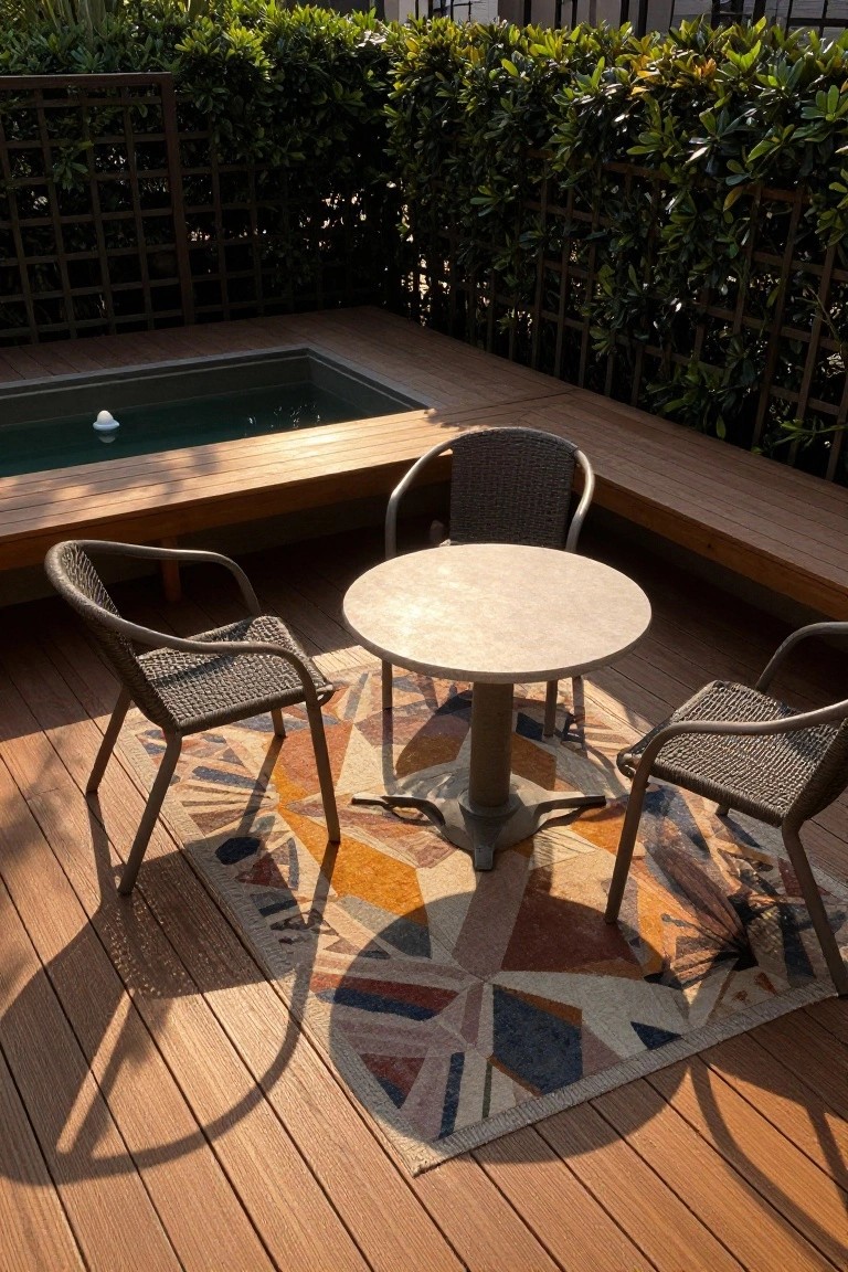 A round stone table with three woven armchairs sits on a multicolored geometric rug on a wooden deck beside a small pool, with green foliage and lattice fencing in the background.
