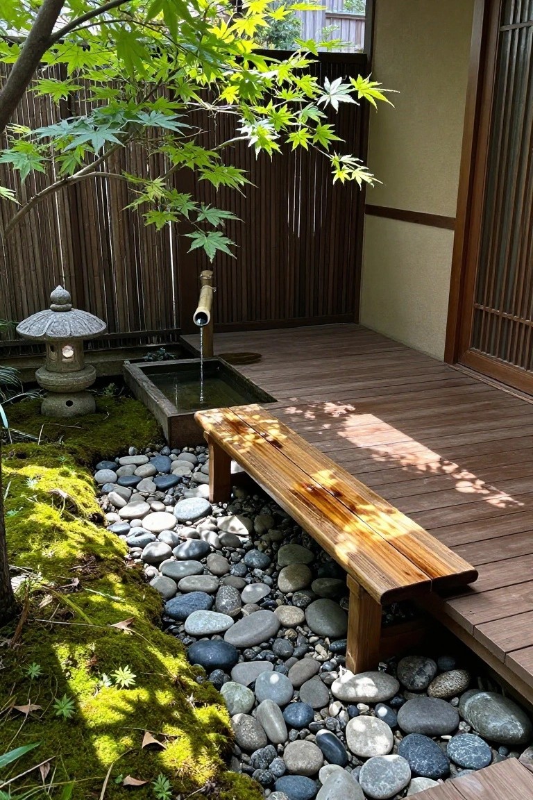 A wooden bench extends from a deck over a bed of smooth pebbles next to a stone water basin and moss garden.