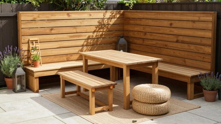 16 Charming Small Wooden Patio Ideas for Compact Backyard Spaces Wooden L-shaped bench seating with a central table under a slatted roof structure on a paved patio, surrounded by potted lavender and a black lantern.