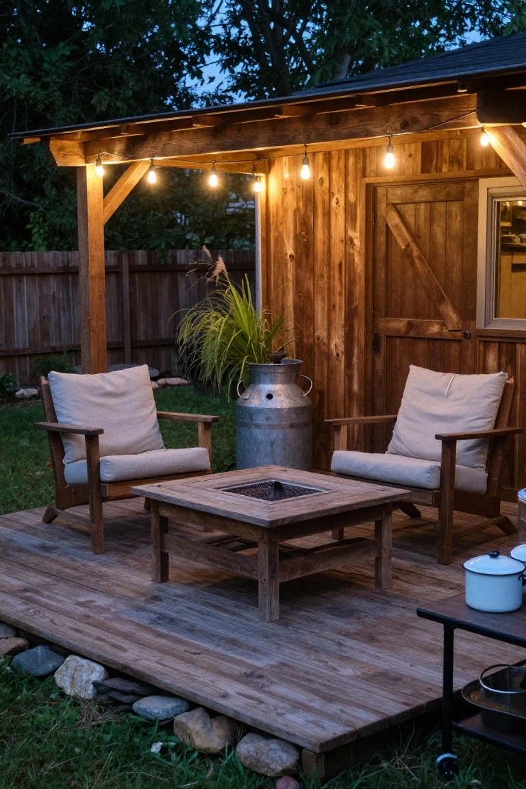 A compact wooden deck with two cushioned armchairs facing a square wooden fire pit table, string lights overhead, and a wooden building in the background.
