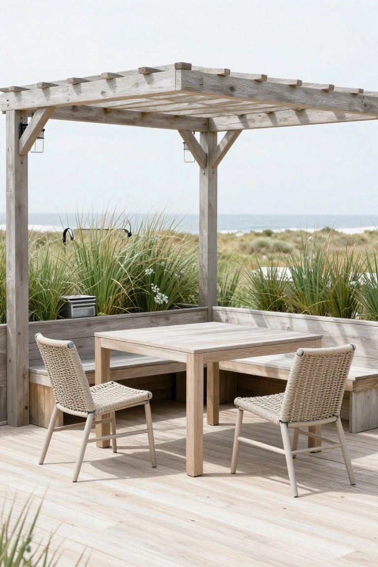 Wooden table and woven chairs under pergola on oceanfront deck with dunes