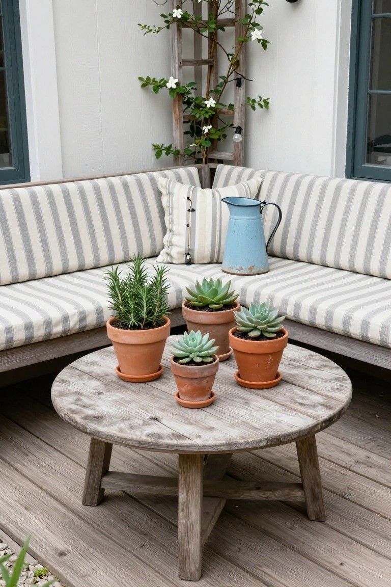 A round weathered wooden table holding four terracotta pots with succulents sits in front of a gray and white striped cushioned corner bench on a wooden deck.