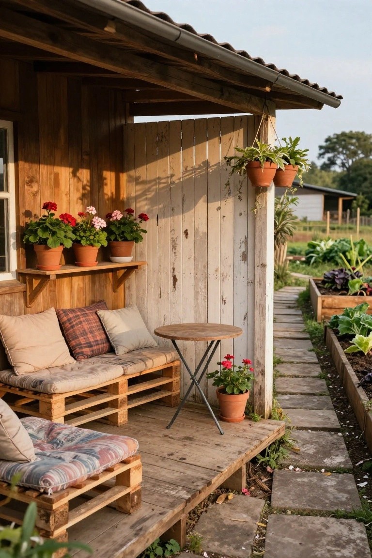 A wooden deck attached to a house features pallet benches with cushions, potted flowers on a shelf, hanging plants, and a small round table, with a stone path and garden beds nearby.