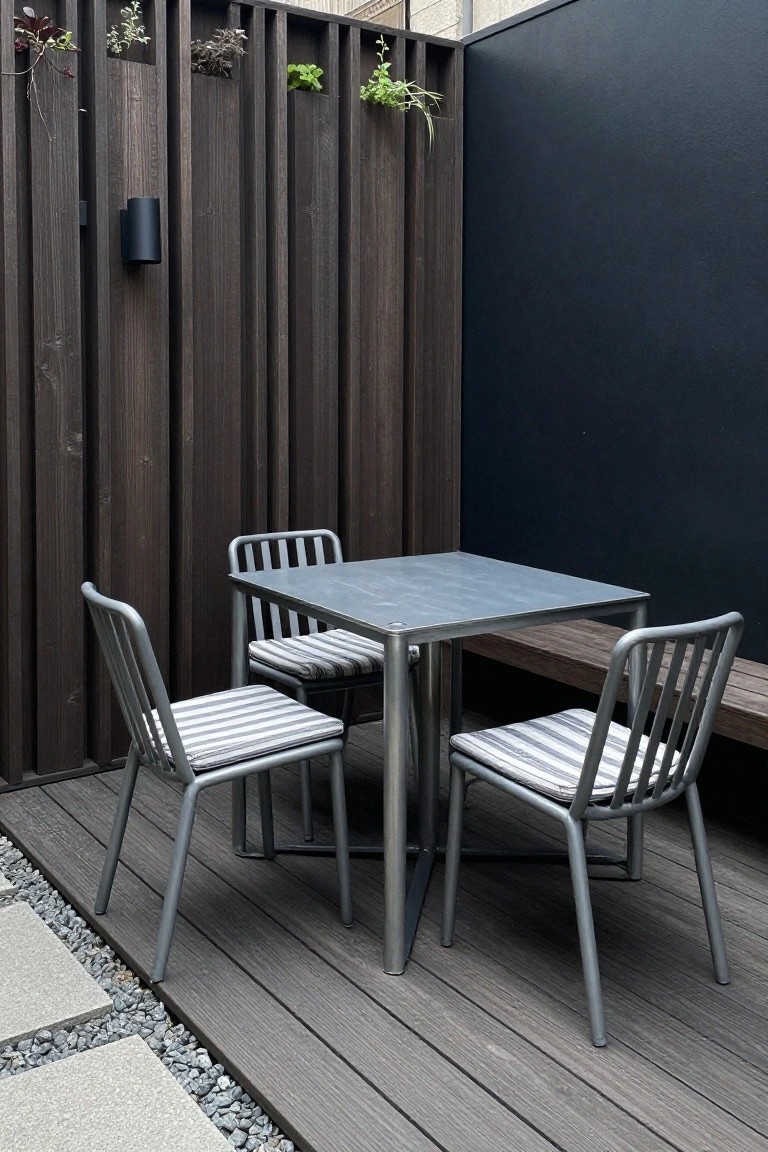 A square metal table with two gray metal chairs sits on a dark wooden deck against vertical wood slat walls and a black wall.