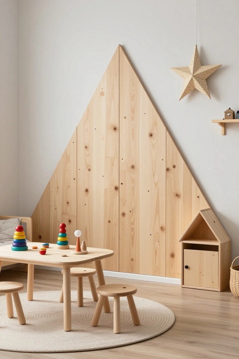 A light wood triangular accent wall stands behind a small wooden play table with stools and toys on a round rug in a children's room.