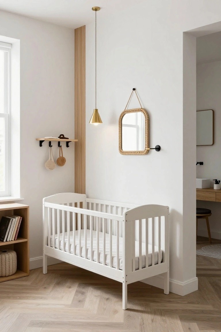 A nursery corner with a white crib, vertical light wood accent panel, hanging brass pendant light, and woven mirror on the wall.