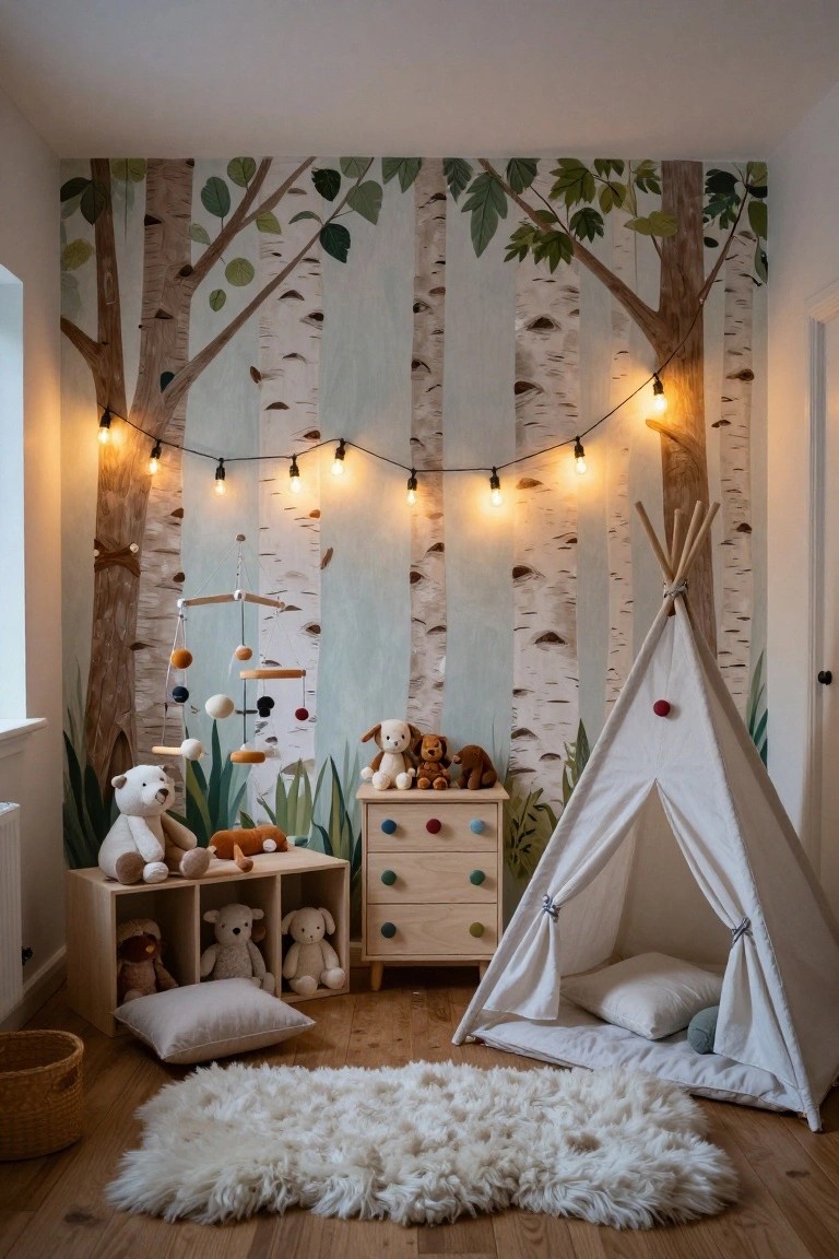 A nursery with a birch tree mural accent wall, string lights, a white teepee tent, wooden storage, stuffed animals, and a fluffy white rug on hardwood flooring.