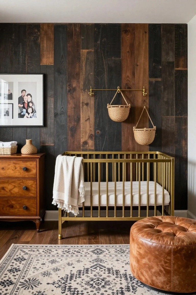 A nursery with a dark wood plank accent wall behind a brass crib, a wooden dresser on the left, woven hanging baskets, and a brown leather ottoman on a patterned rug.