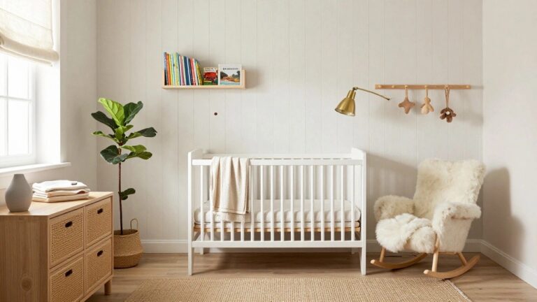 23 Cozy Wood Accent Wall Nursery Ideas Full of Warm Texture and Soft Contrast A bright nursery corner with a white crib, a dresser with two rattan-front drawers, a white rocking chair with a throw, floating shelves holding children's books, and a brass wall lamp on white vertical paneling.