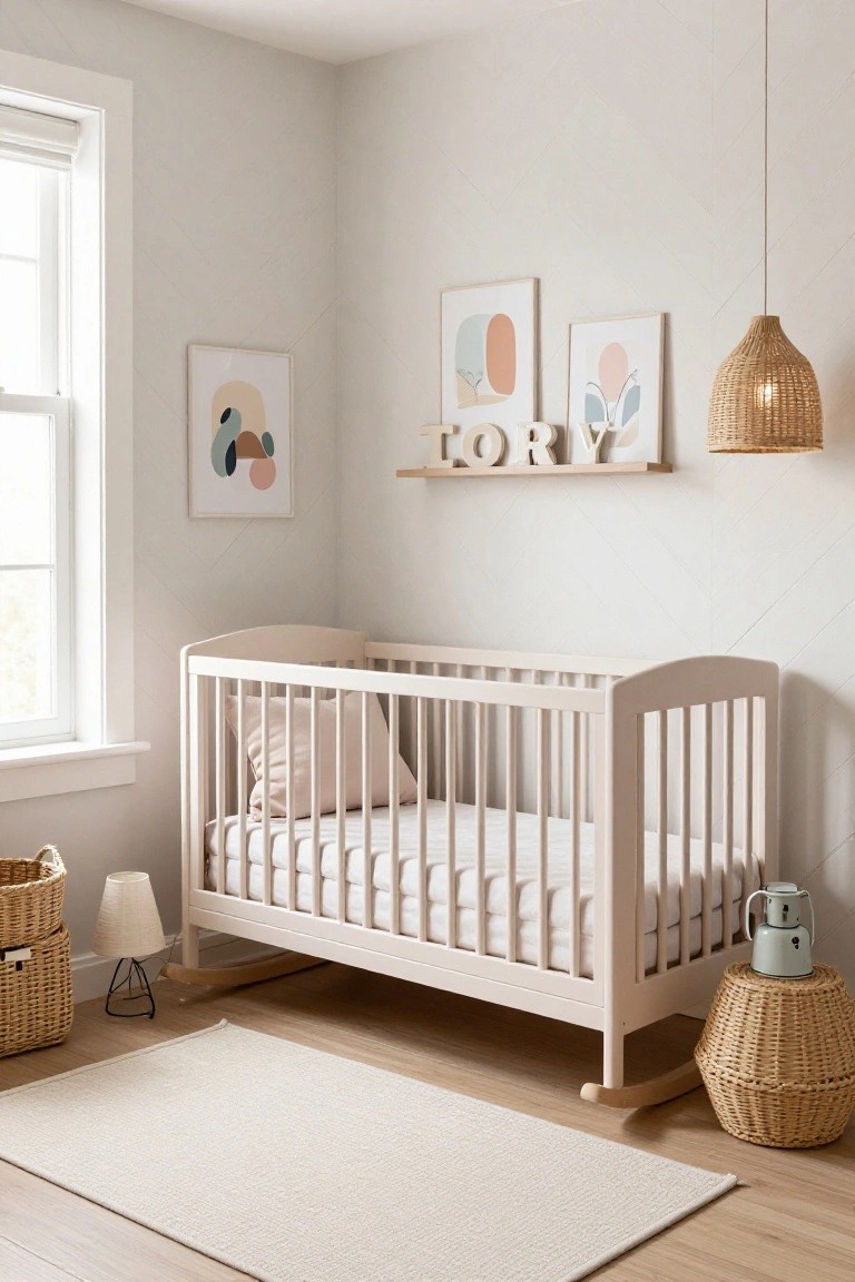 A white crib stands in front of a light herringbone accent wall in a nursery with framed art, a wooden name shelf, and woven baskets nearby.