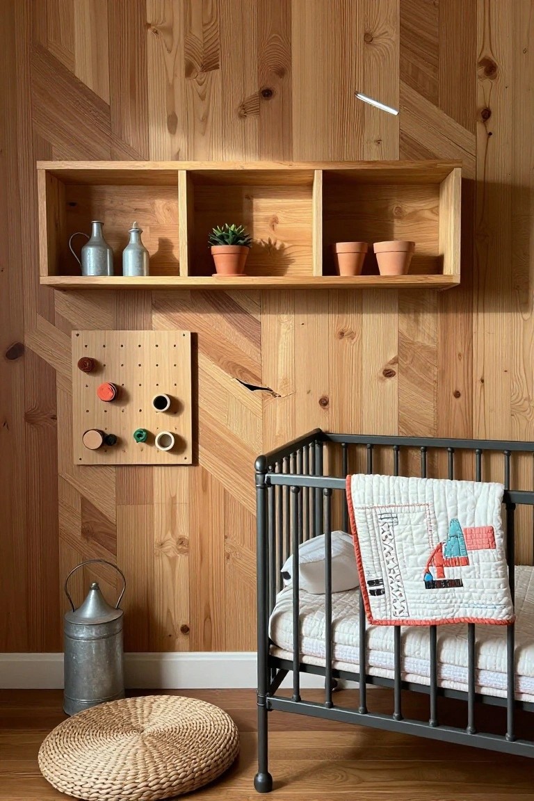 A nursery interior showing a herringbone wood accent wall with a mounted floating shelf, pegboard, dark metal crib, woven floor cushion, and metal milk can.