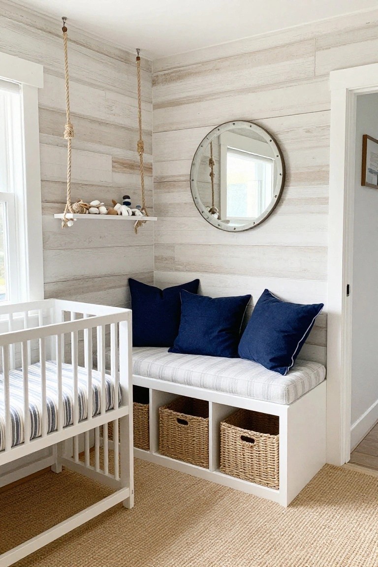 A nursery with a light wood plank accent wall, white crib, built-in bench with blue pillows, and woven storage baskets.