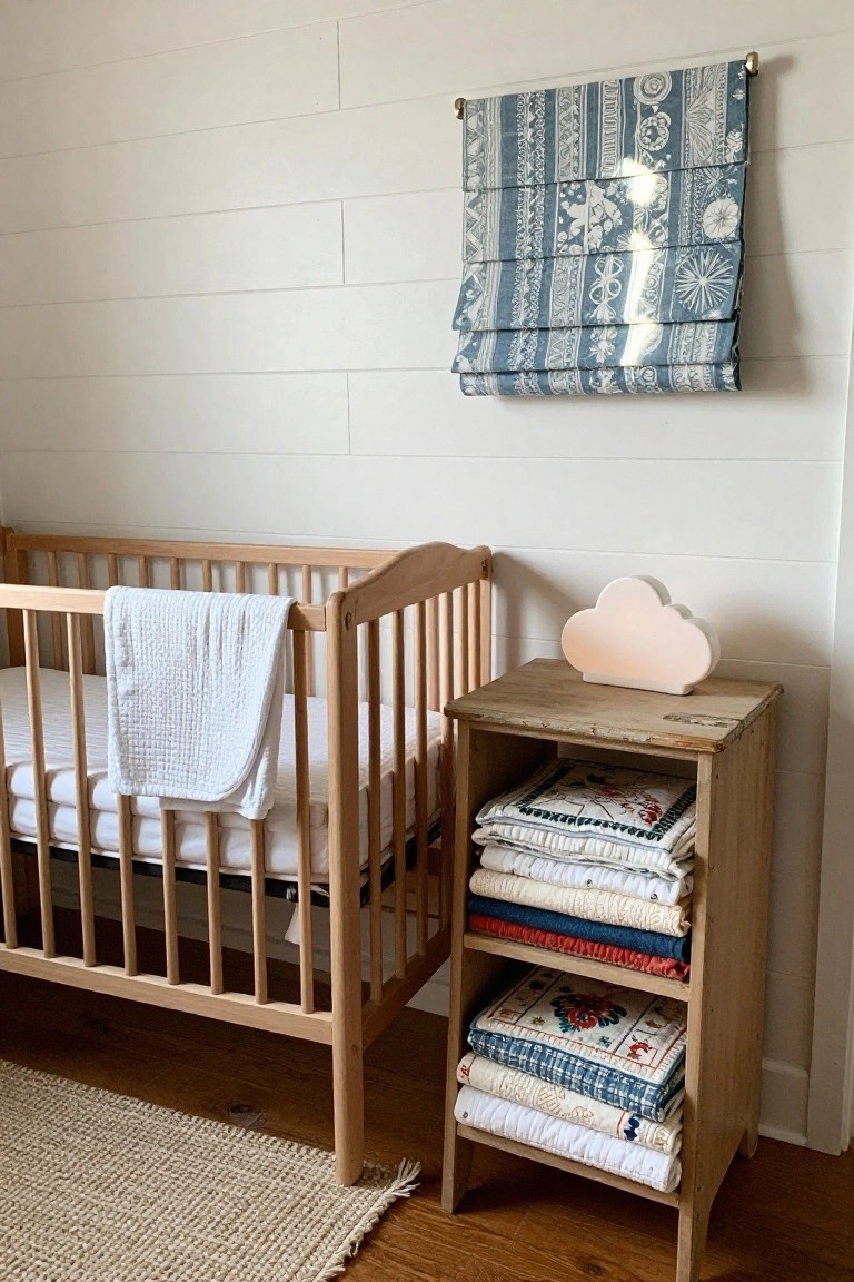 Wooden crib beside table of folded quilts, cloud lamp, and blue patterned roman shade